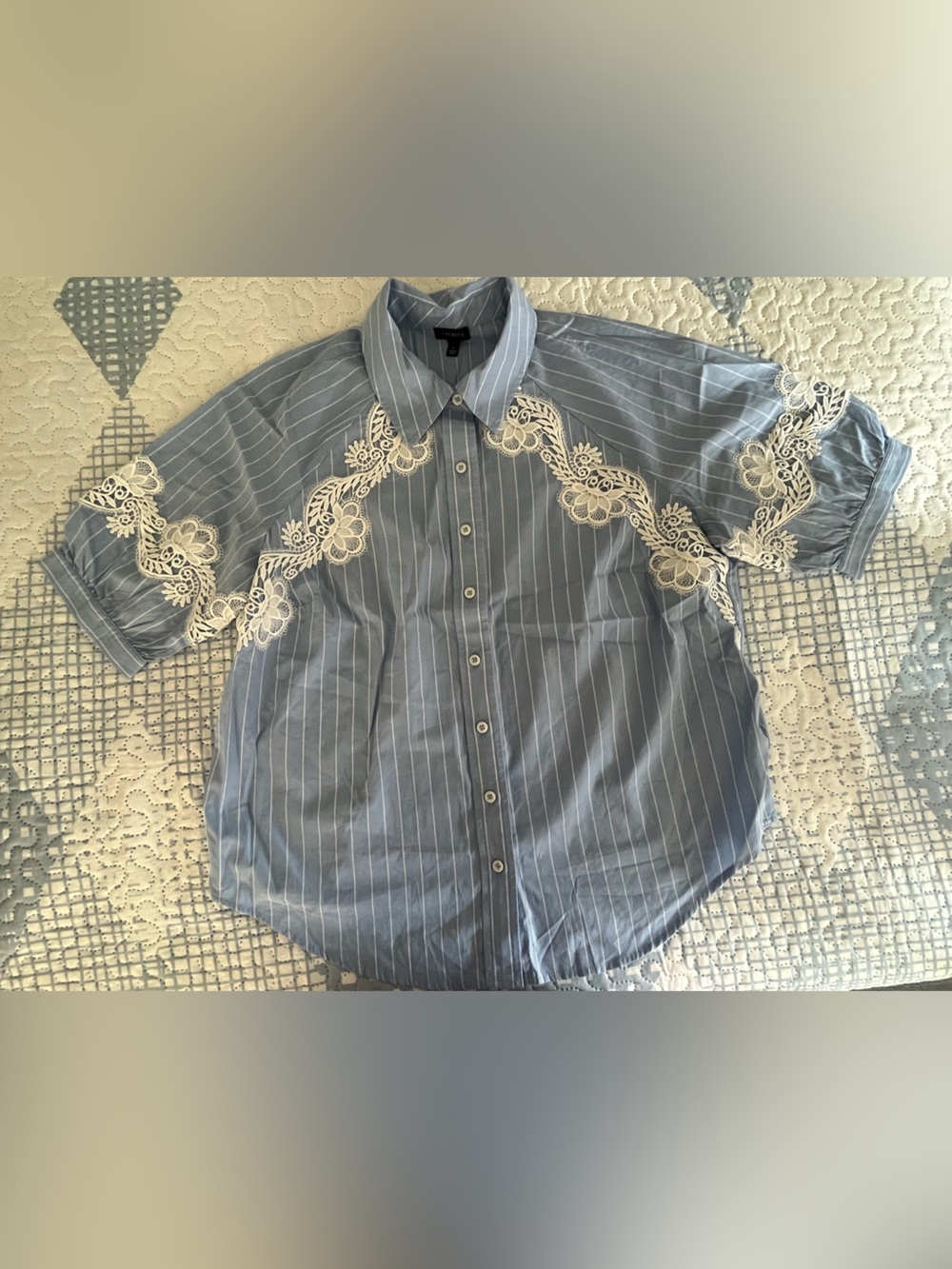 Talbots Light Blue Pinstripe Button-Down Blouse with White Lace